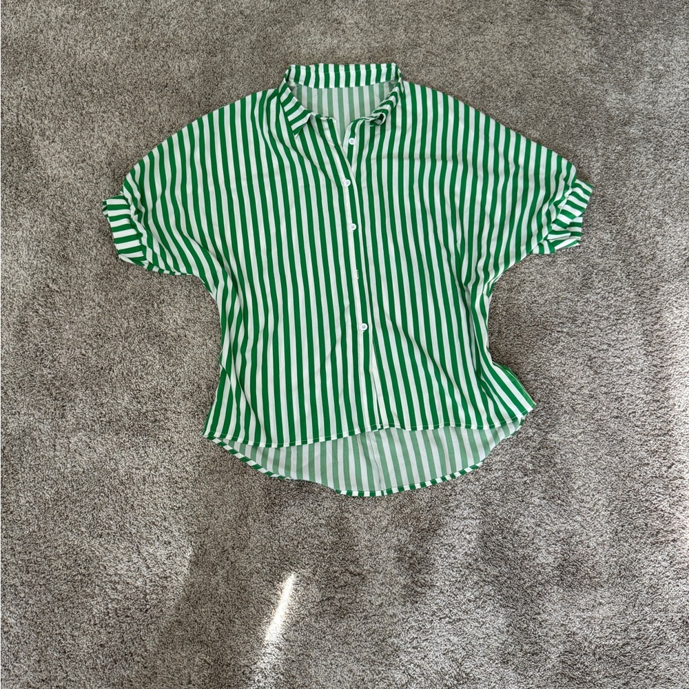 Green and White Striped Button-Up Shirt